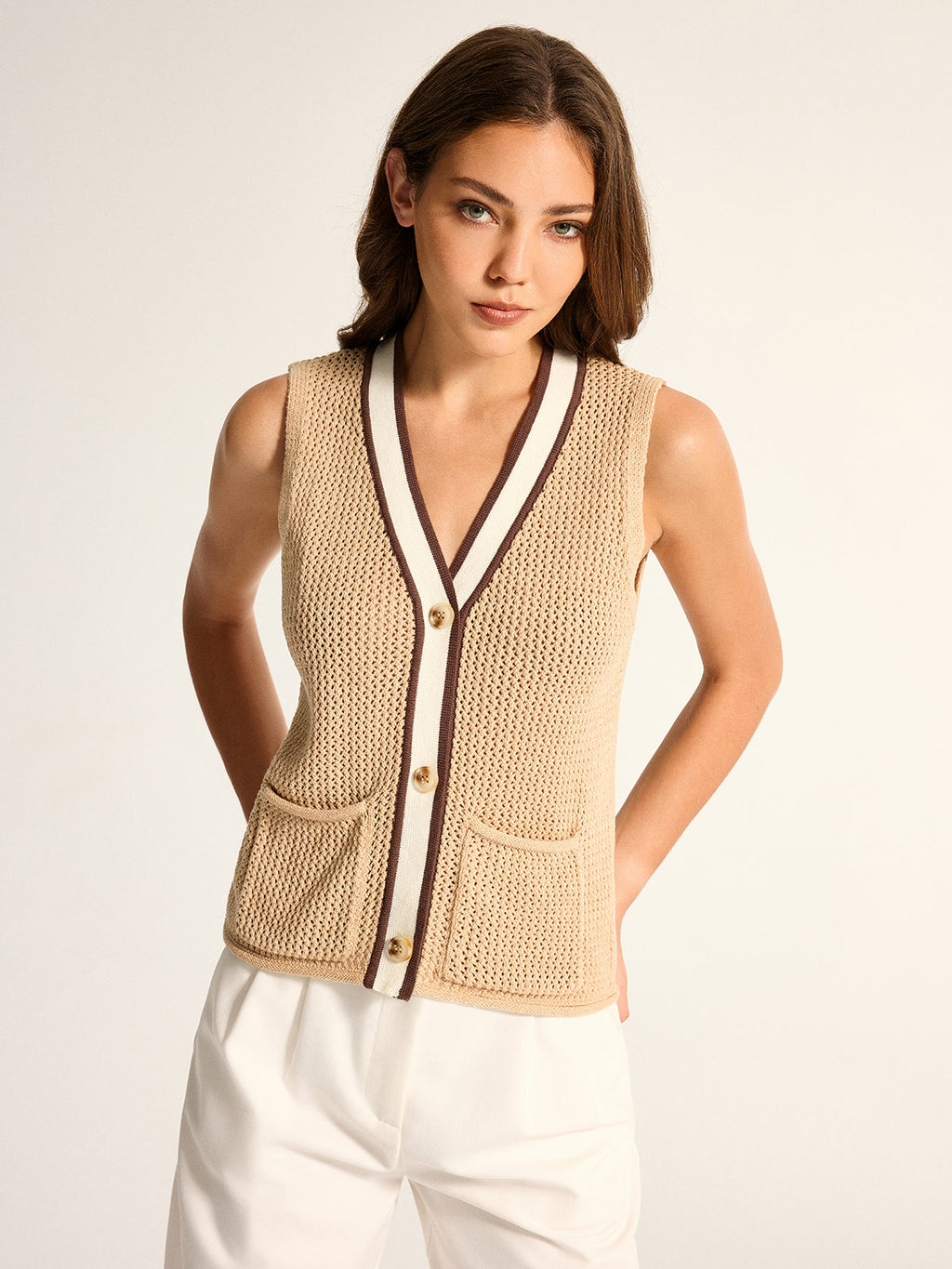 Contrast Trim V‑Neck Crochet Knit Vest