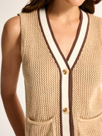 Contrast Trim V‑Neck Crochet Knit Vest