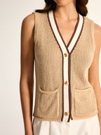 Contrast Trim V‑Neck Crochet Knit Vest