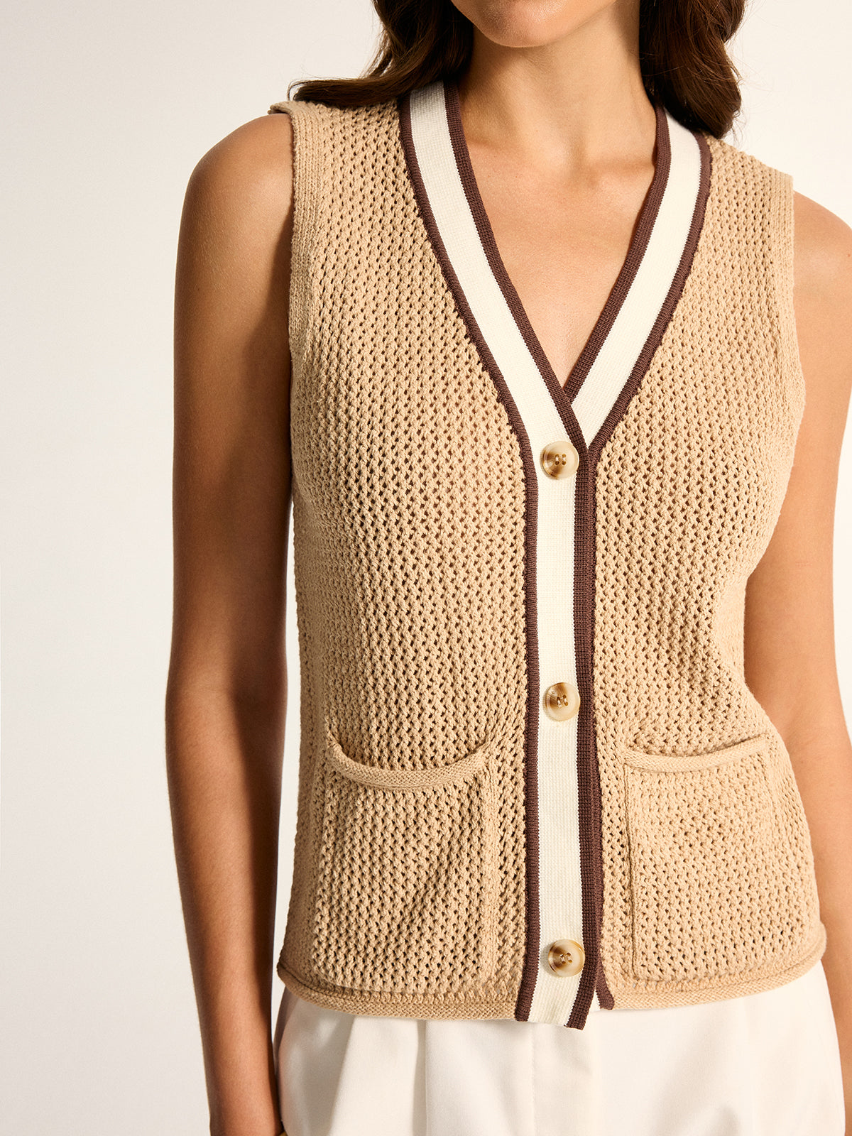 Contrast Trim V‑Neck Crochet Knit Vest