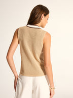 Contrast Trim V‑Neck Crochet Knit Vest