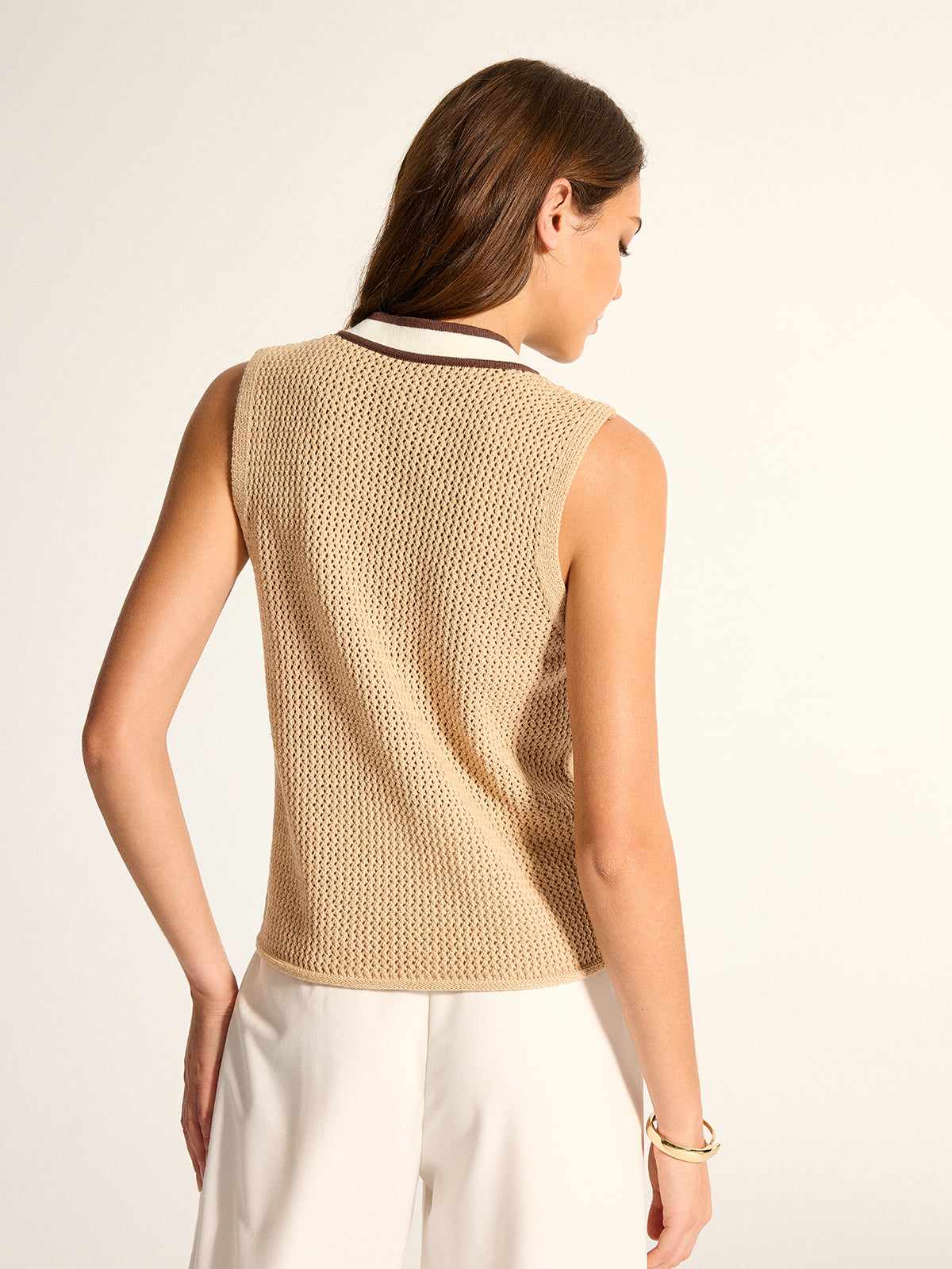 Contrast Trim V‑Neck Crochet Knit Vest