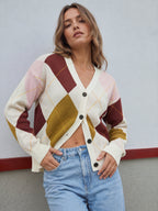 Color Block Argyle Knit Cardigan