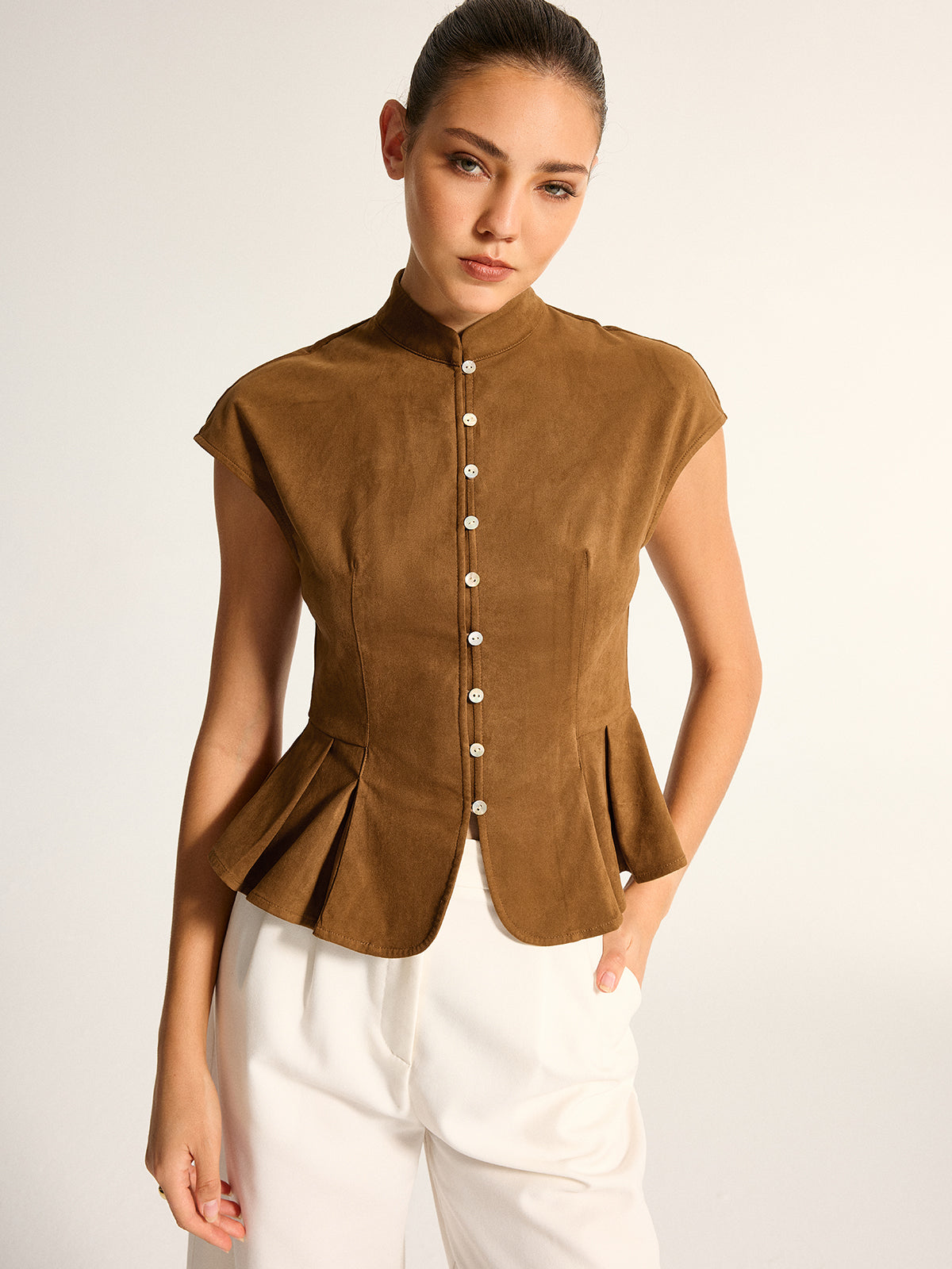 Mandarin Collar Suede Effect Peplum Top