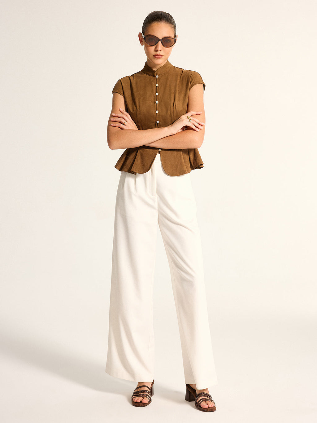 Mandarin Collar Suede Effect Peplum Top