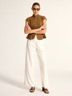 Mandarin Collar Suede Effect Peplum Top