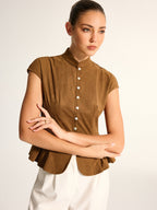 Mandarin Collar Suede Effect Peplum Top