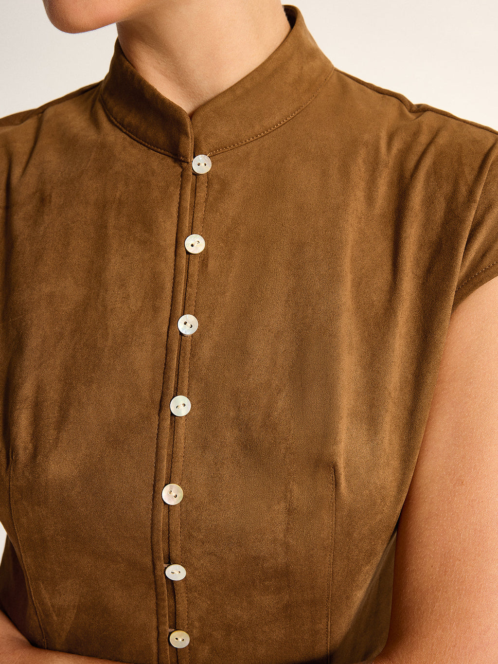 Mandarin Collar Suede Effect Peplum Top