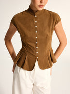 Mandarin Collar Suede Effect Peplum Top