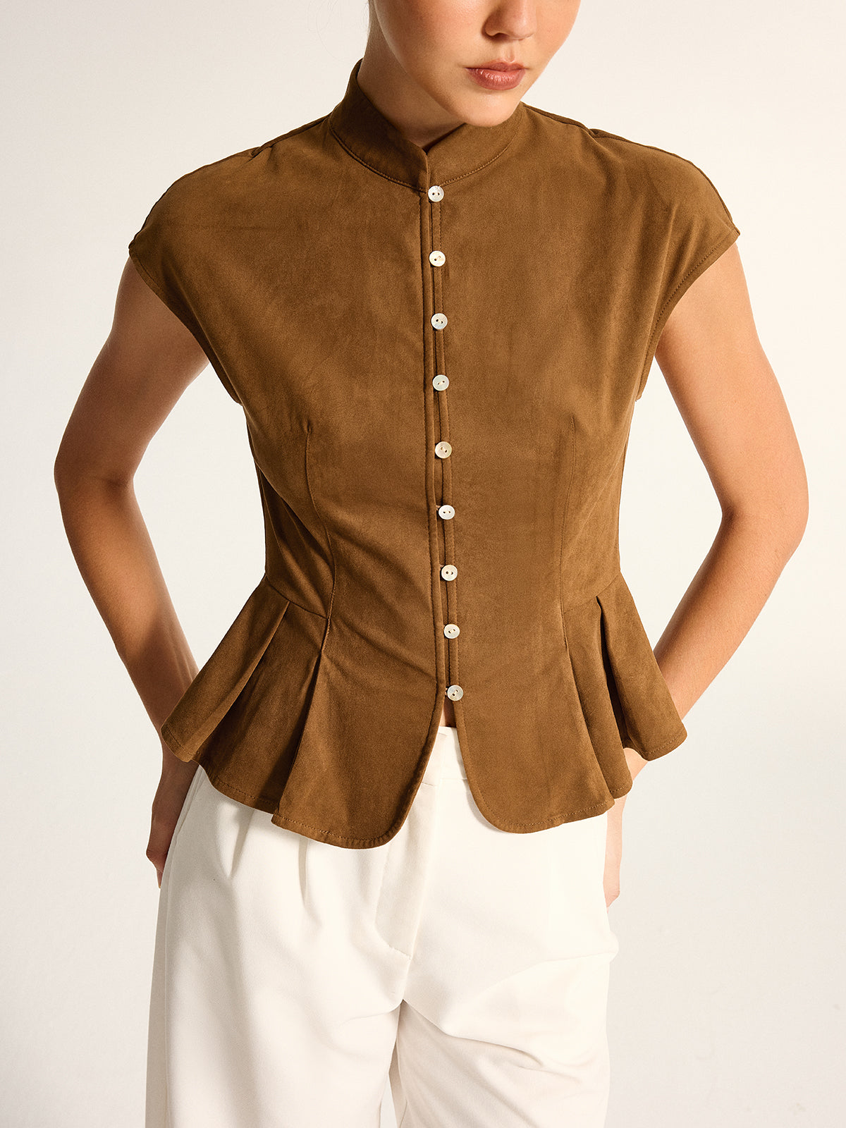 Mandarin Collar Suede Effect Peplum Top