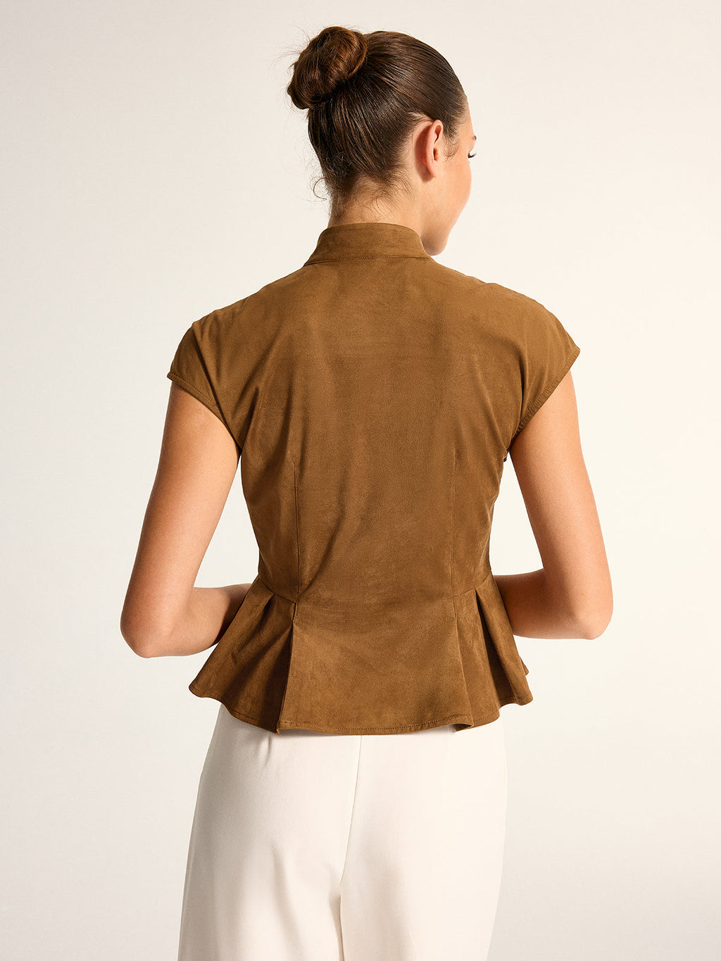 Mandarin Collar Suede Effect Peplum Top