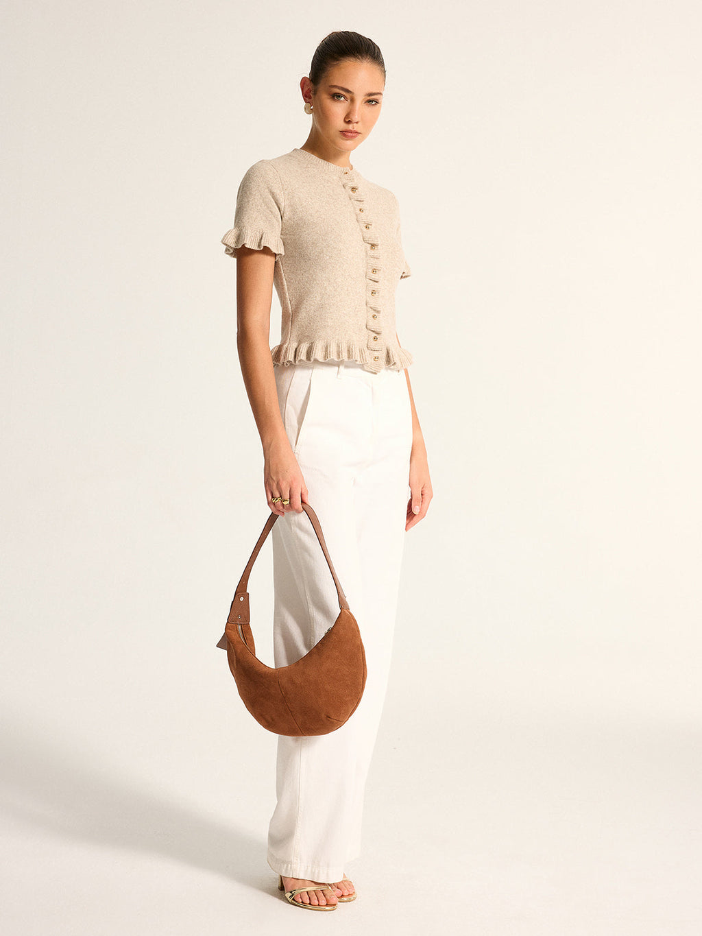 Ruffle Trim Short Sleeve Knit Cardigan