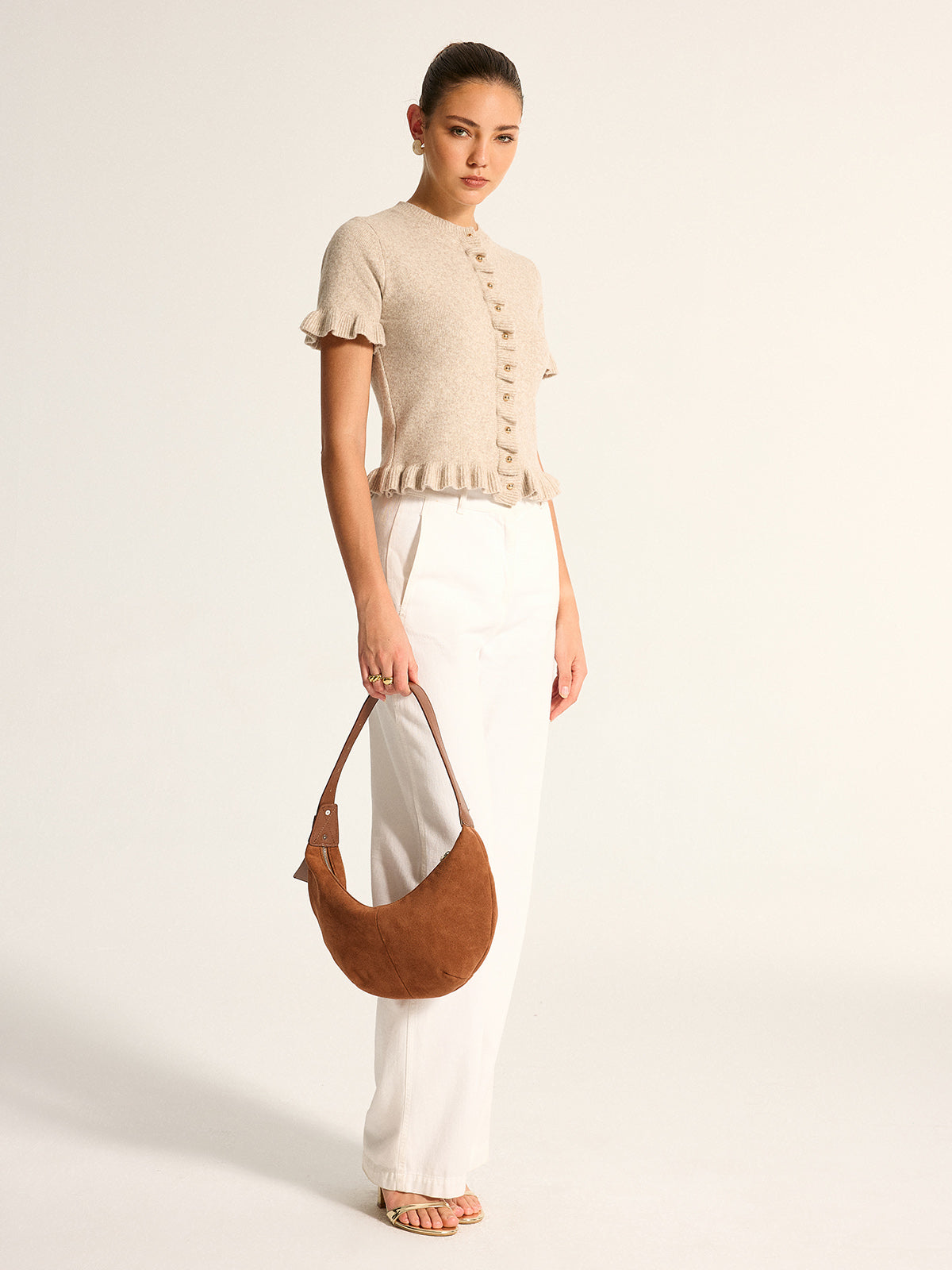 Ruffle Trim Short Sleeve Knit Cardigan