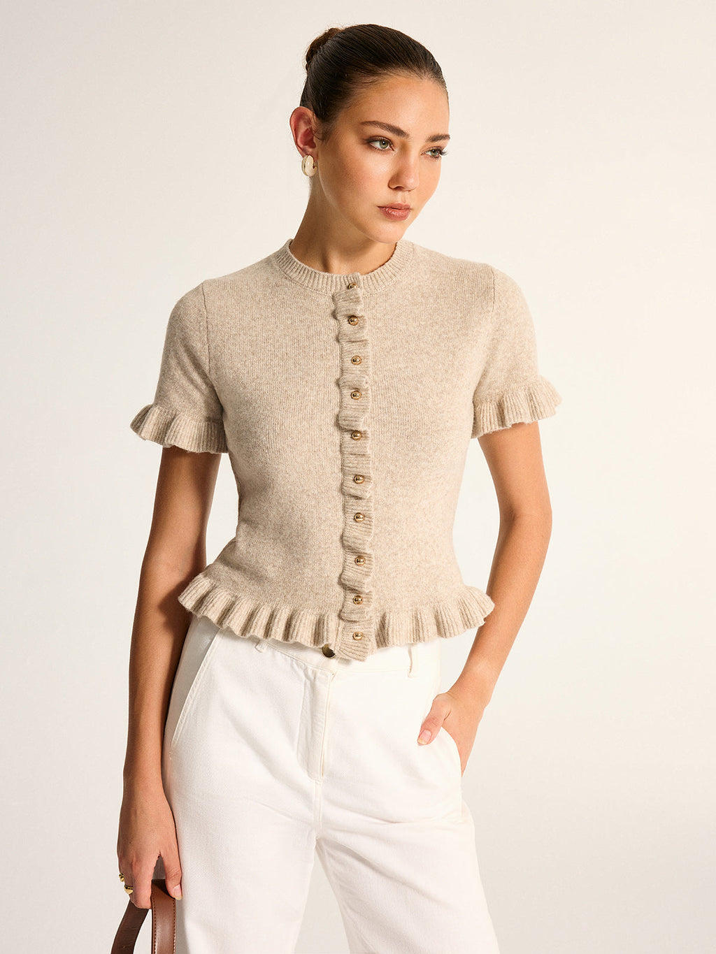 Ruffle Trim Short Sleeve Knit Cardigan