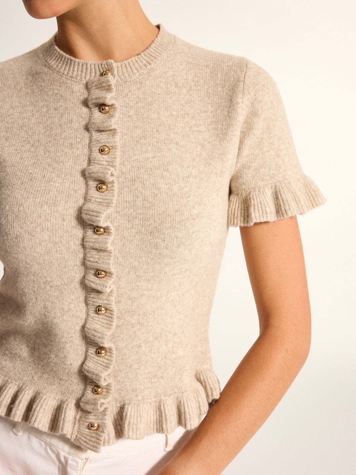 Ruffle Trim Short Sleeve Knit Cardigan
