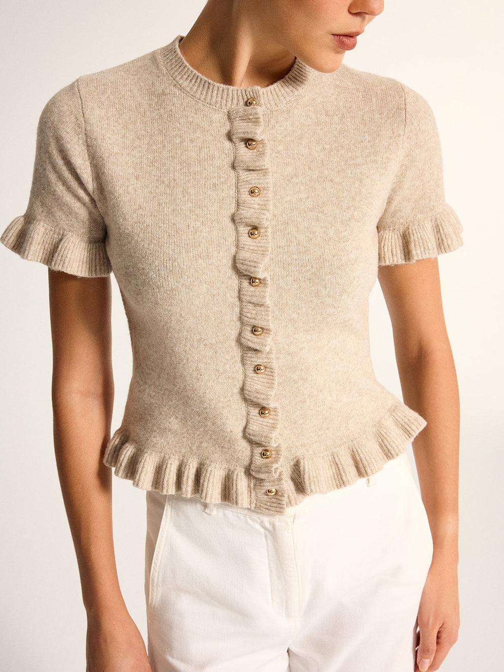 Ruffle Trim Short Sleeve Knit Cardigan