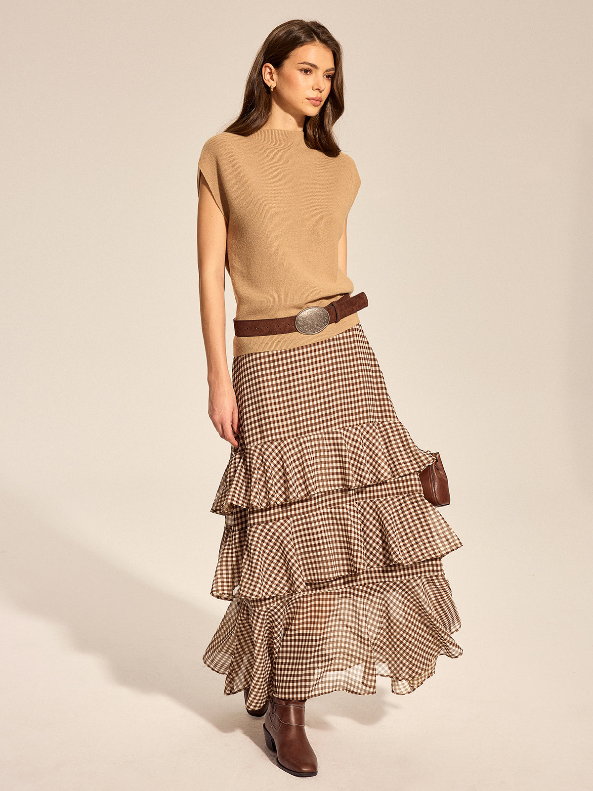 Falda Maxi Escalonada de Cuadros Vichy