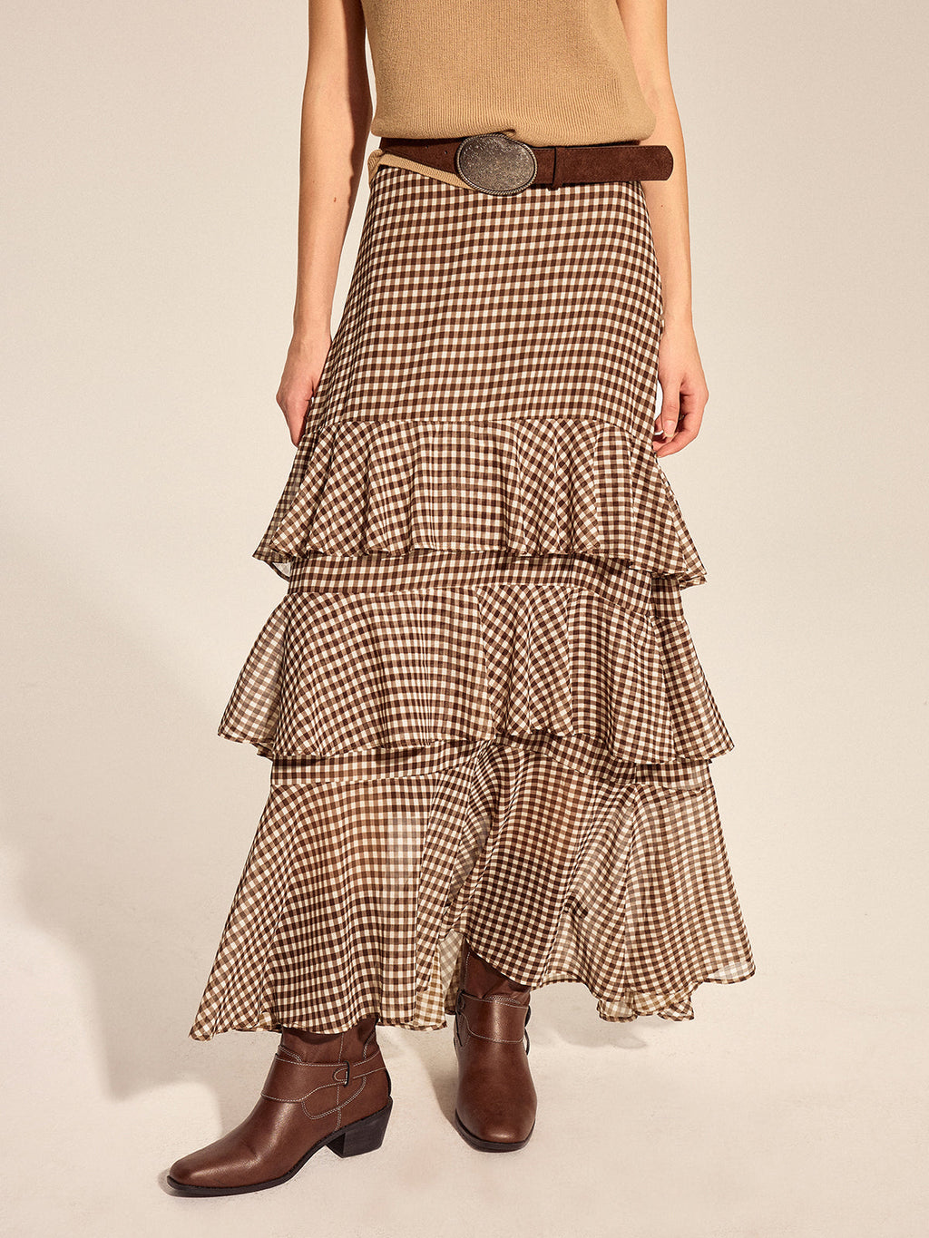Falda Maxi Escalonada de Cuadros Vichy