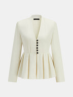 V‑Neck Pleated Peplum Button Blazer