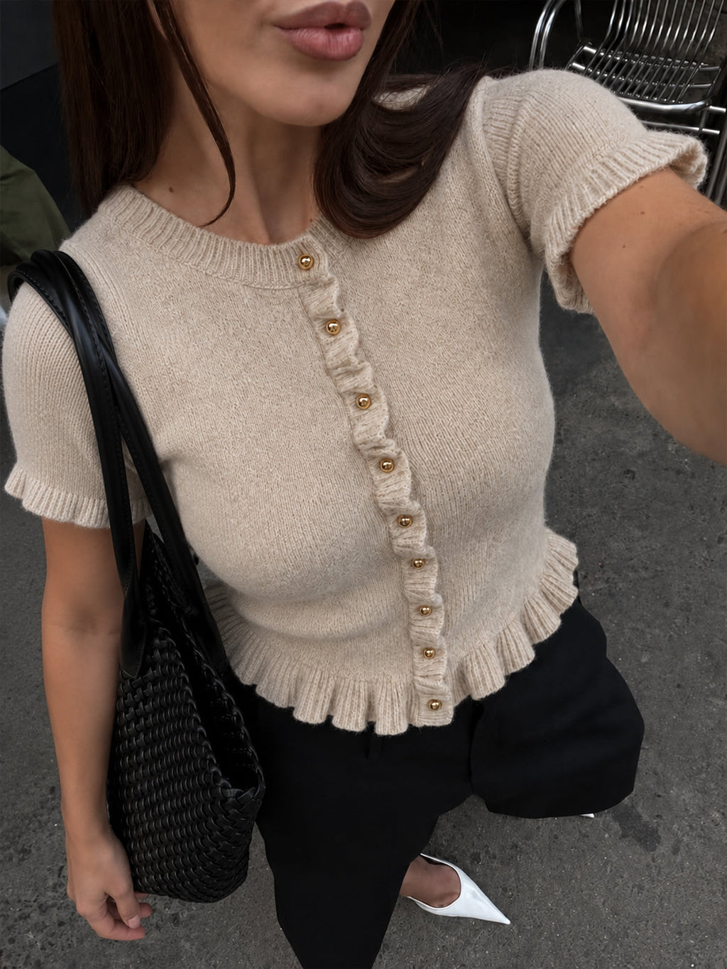 Ruffle Trim Short Sleeve Knit Cardigan