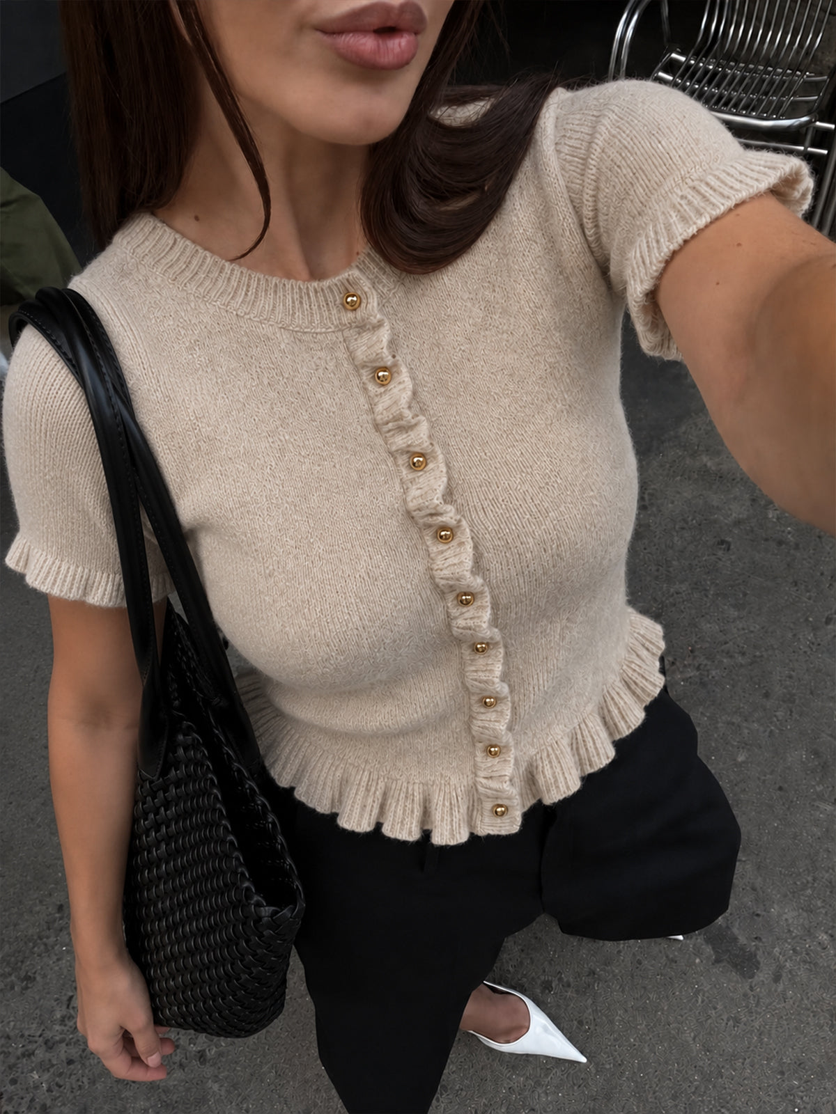 Ruffle Trim Short Sleeve Knit Cardigan