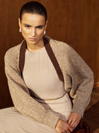 Wool Blend Contrast Trim Loose Knit Open Cardigan