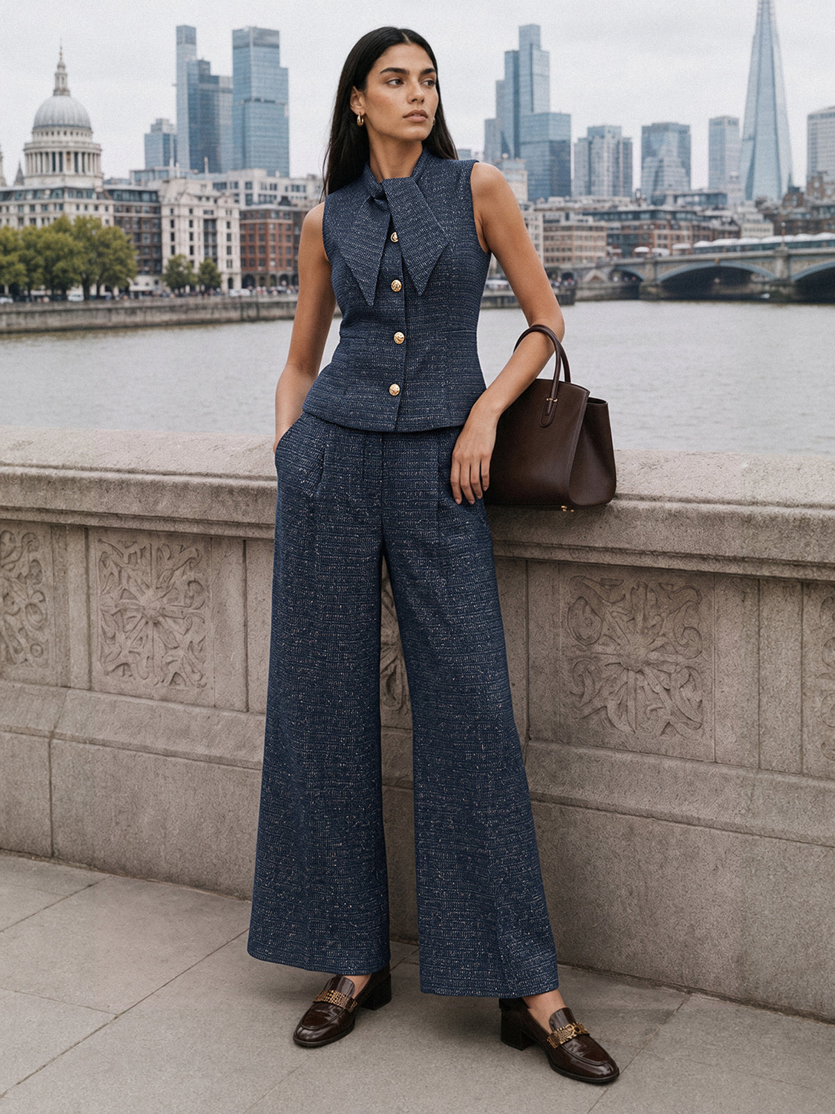 Conjunto de Chaleco de Tweed con Lazo al Cuello y Pantalón Recto