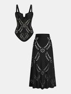 Perforated One Piece Swimsuit & Skirt Set