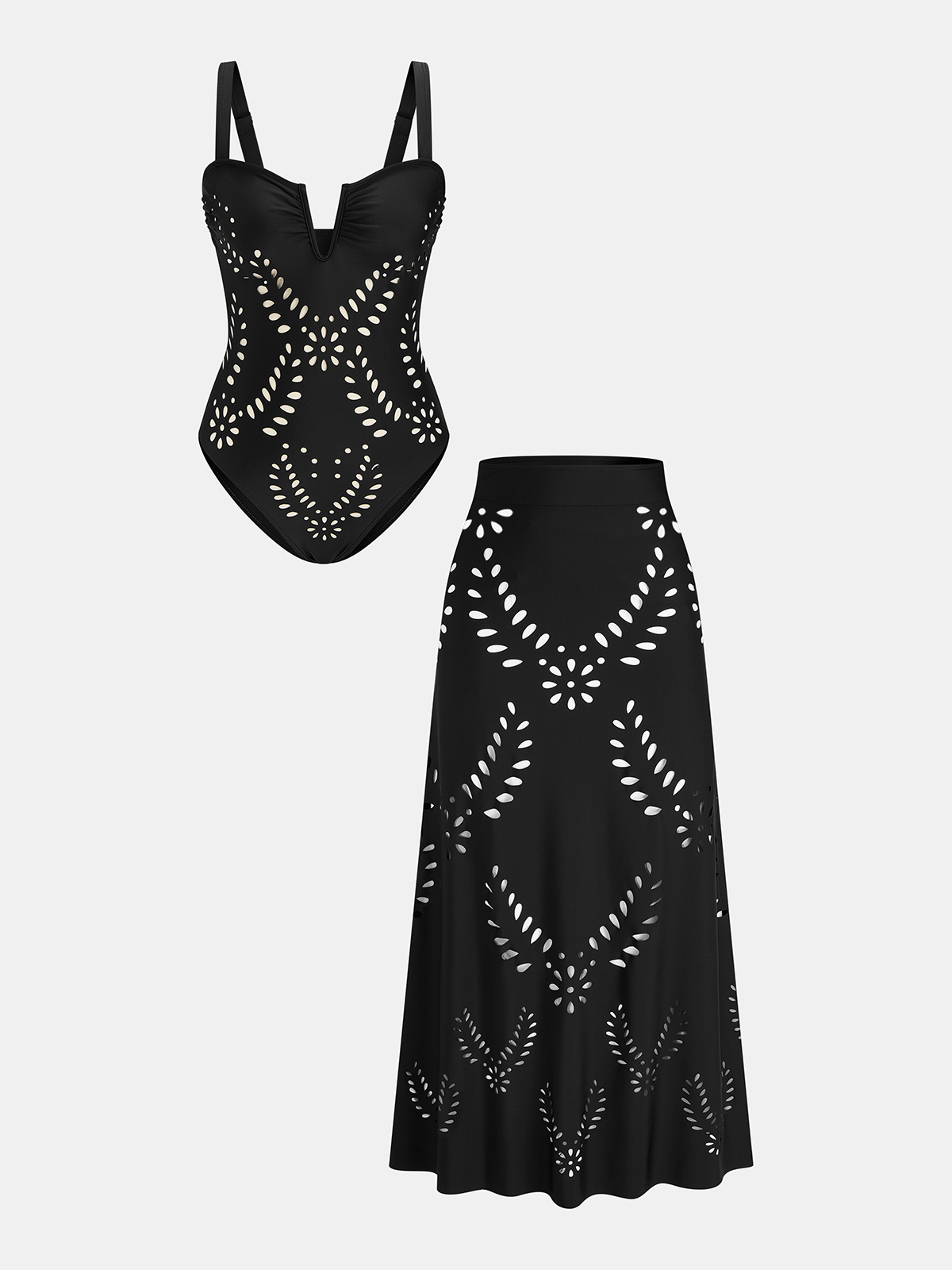 Perforated One Piece Swimsuit & Skirt Set
