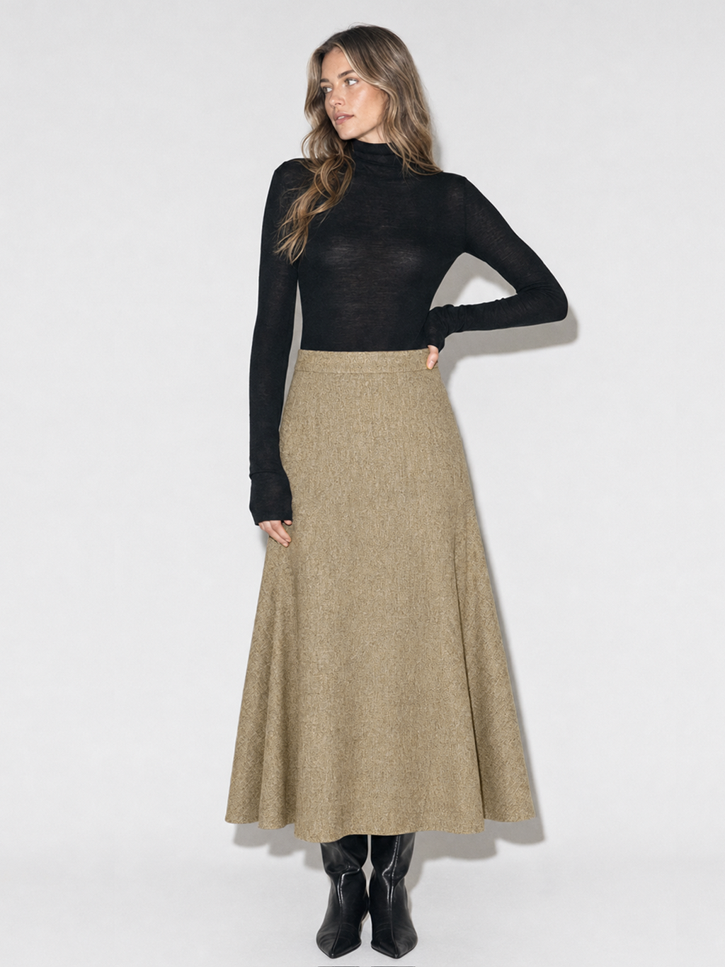 Falda Midi Acampanada de Tweed de Cintura Media