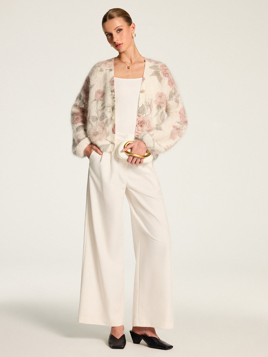 Soft Mohair‑Blend Rose Pattern Knit Cardigan