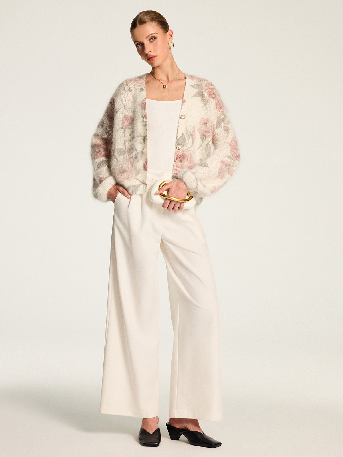 Soft Mohair‑Blend Rose Pattern Knit Cardigan