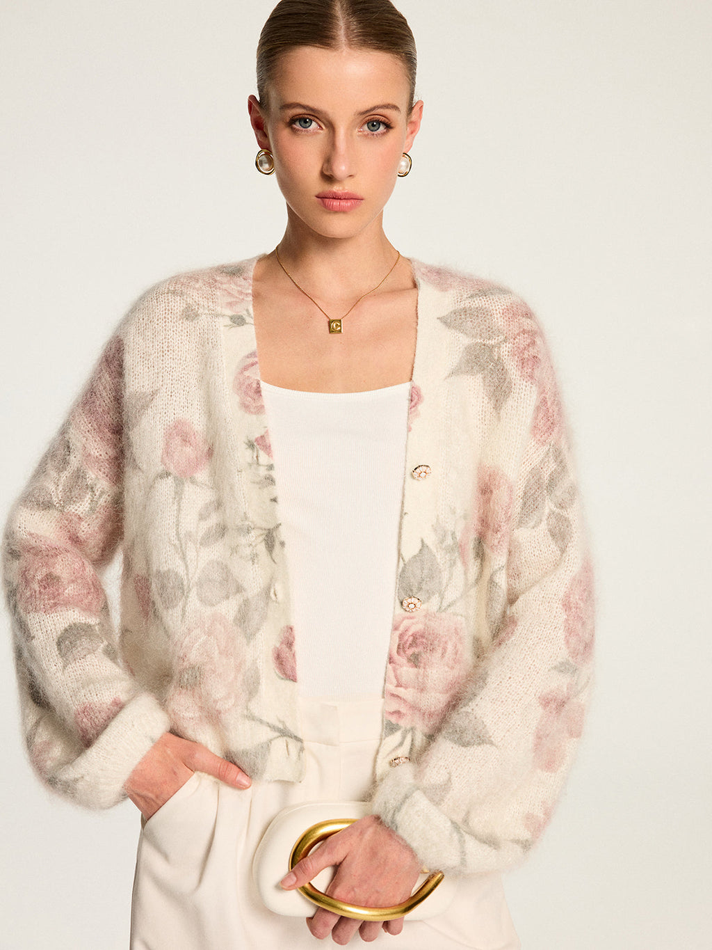 Soft Mohair‑Blend Rose Pattern Knit Cardigan