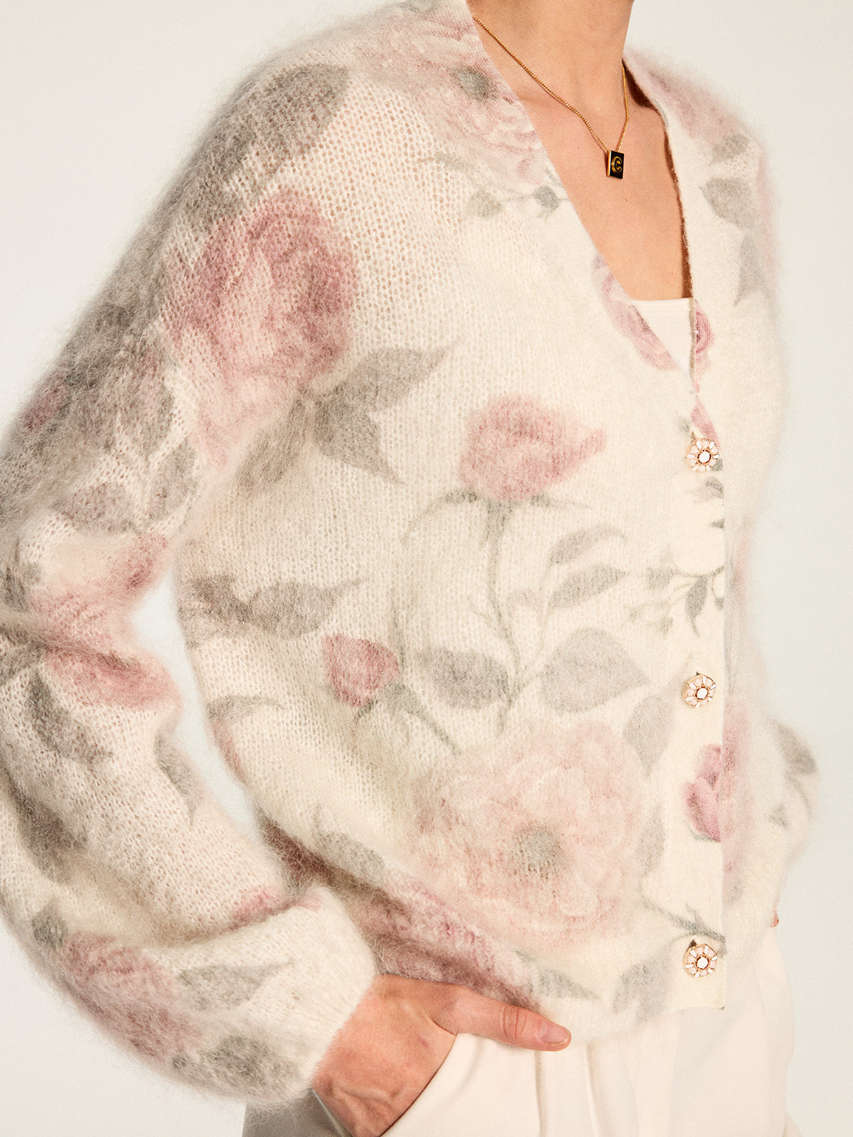 Soft Mohair‑Blend Rose Pattern Knit Cardigan