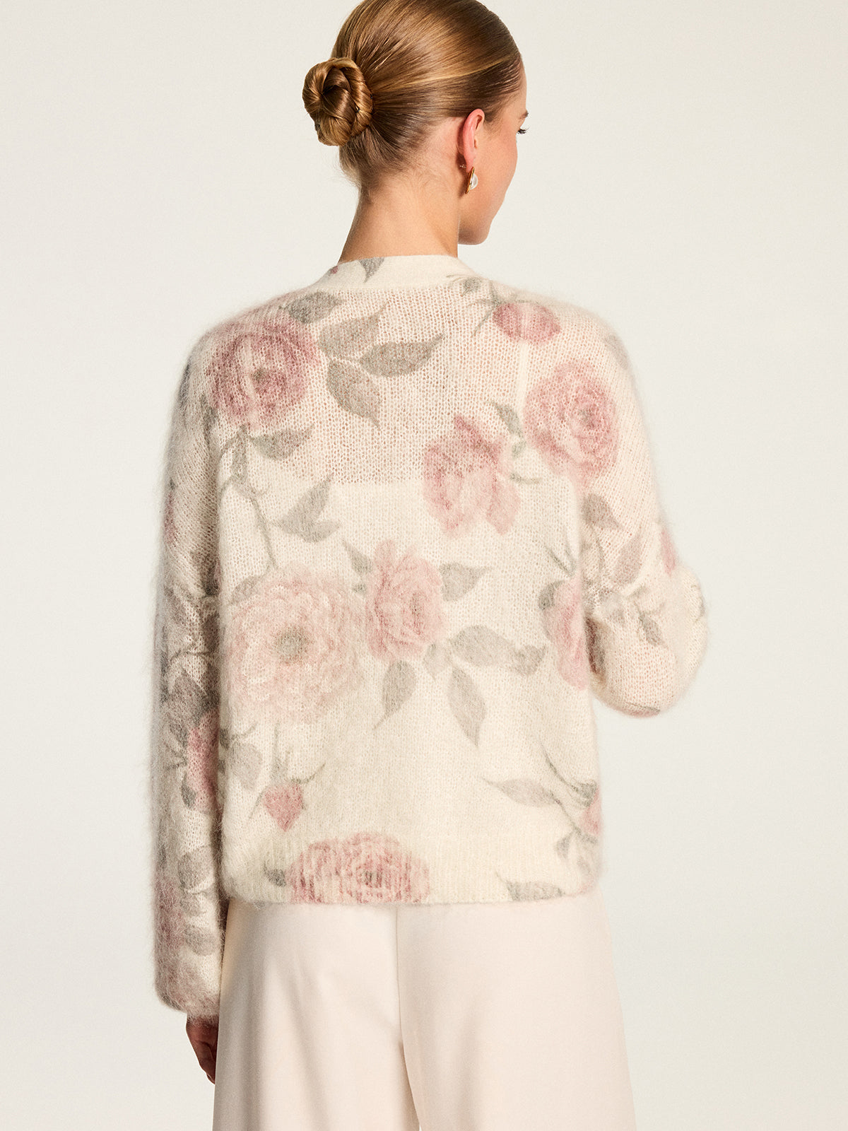 Soft Mohair‑Blend Rose Pattern Knit Cardigan