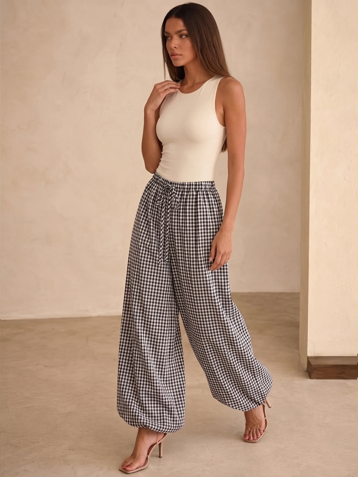 Pantalón Globo Holgado a Cuadros con Cordón Ajustable