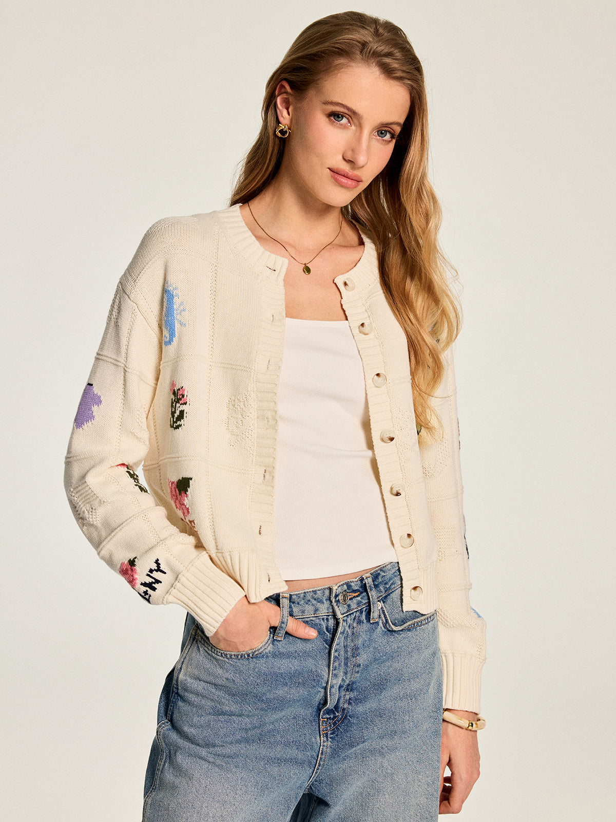 Multi‑Motif Intarsia Knit Cardigan