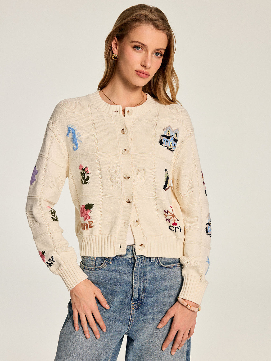 Multi‑Motif Intarsia Knit Cardigan