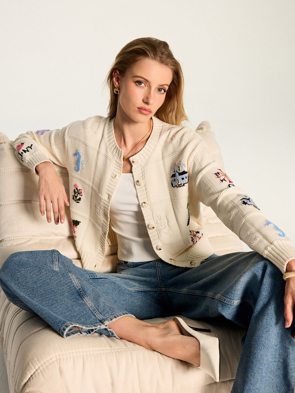 Multi‑Motif Intarsia Knit Cardigan