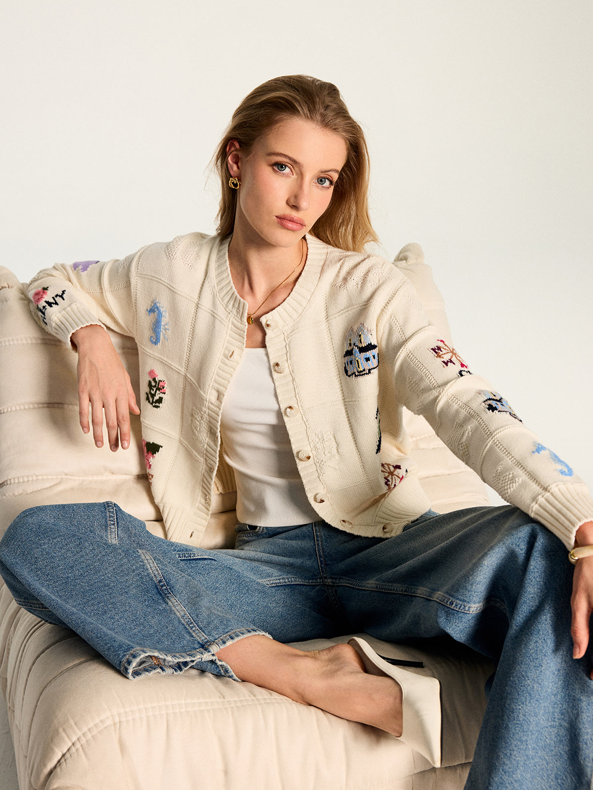 Multi‑Motif Intarsia Knit Cardigan