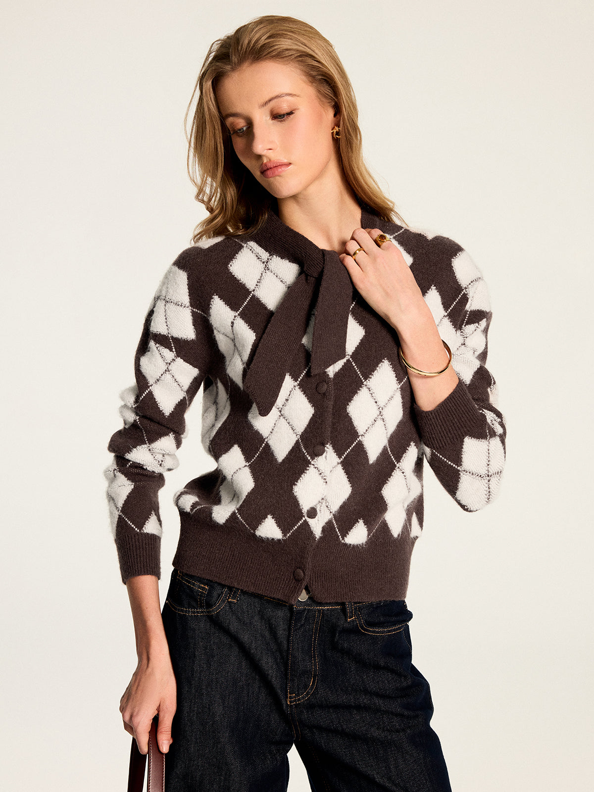 Bow Neck Argyle Pattern Knit Cardigan