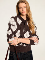 Bow Neck Argyle Pattern Knit Cardigan