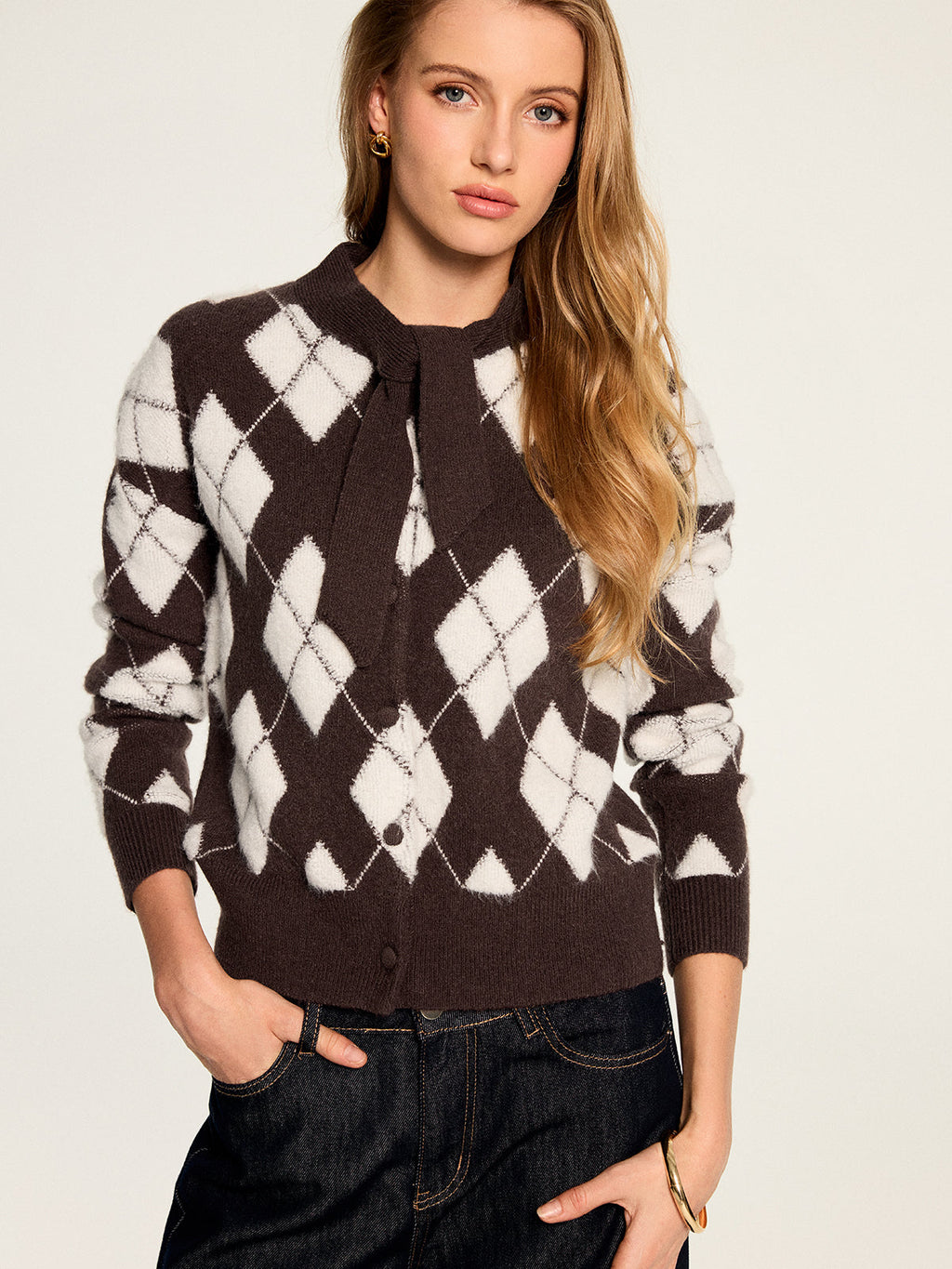 Bow Neck Argyle Pattern Knit Cardigan