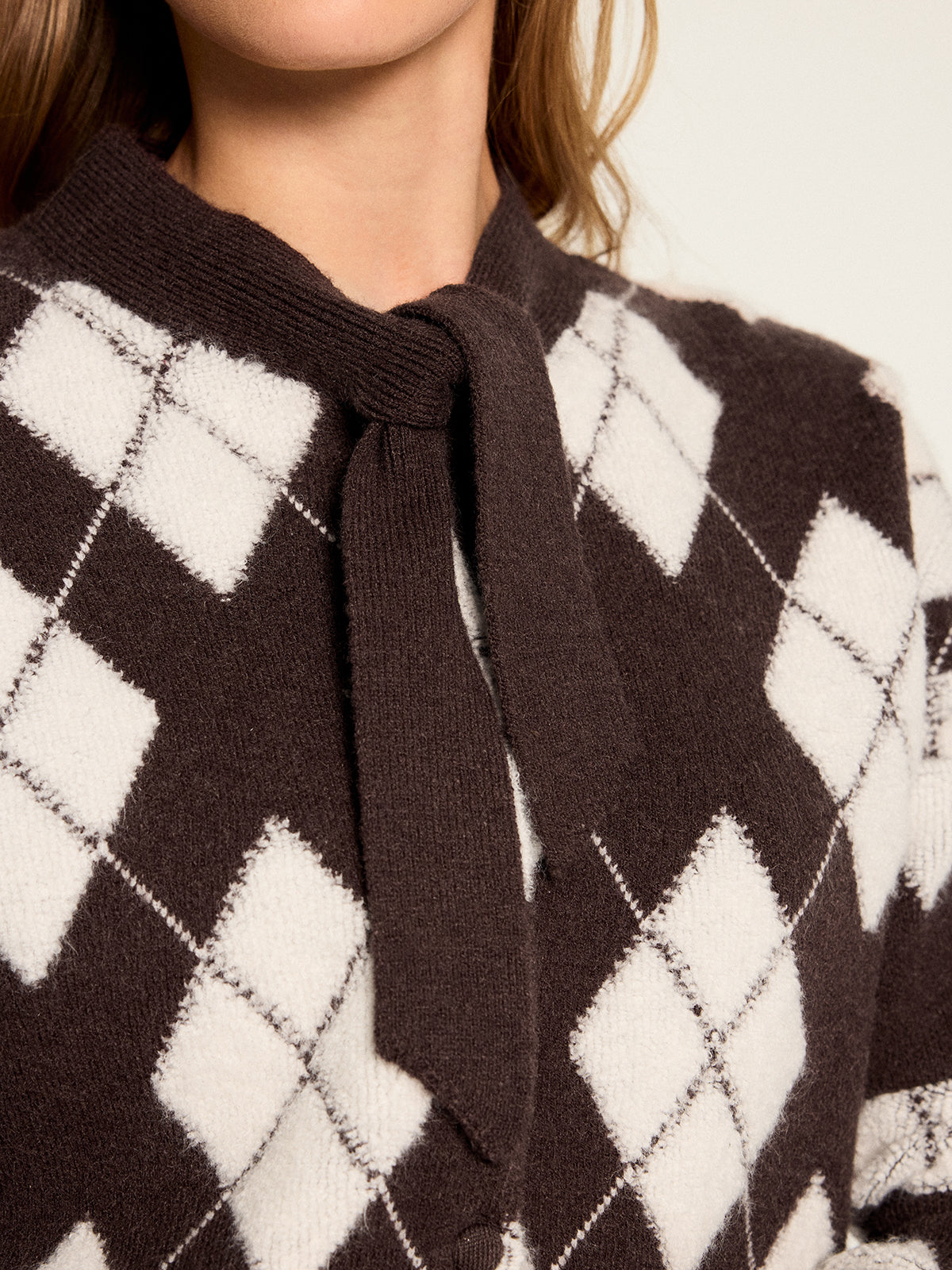 Bow Neck Argyle Pattern Knit Cardigan
