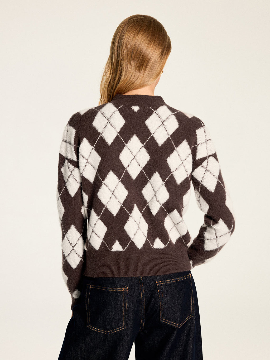 Bow Neck Argyle Pattern Knit Cardigan