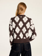 Bow Neck Argyle Pattern Knit Cardigan