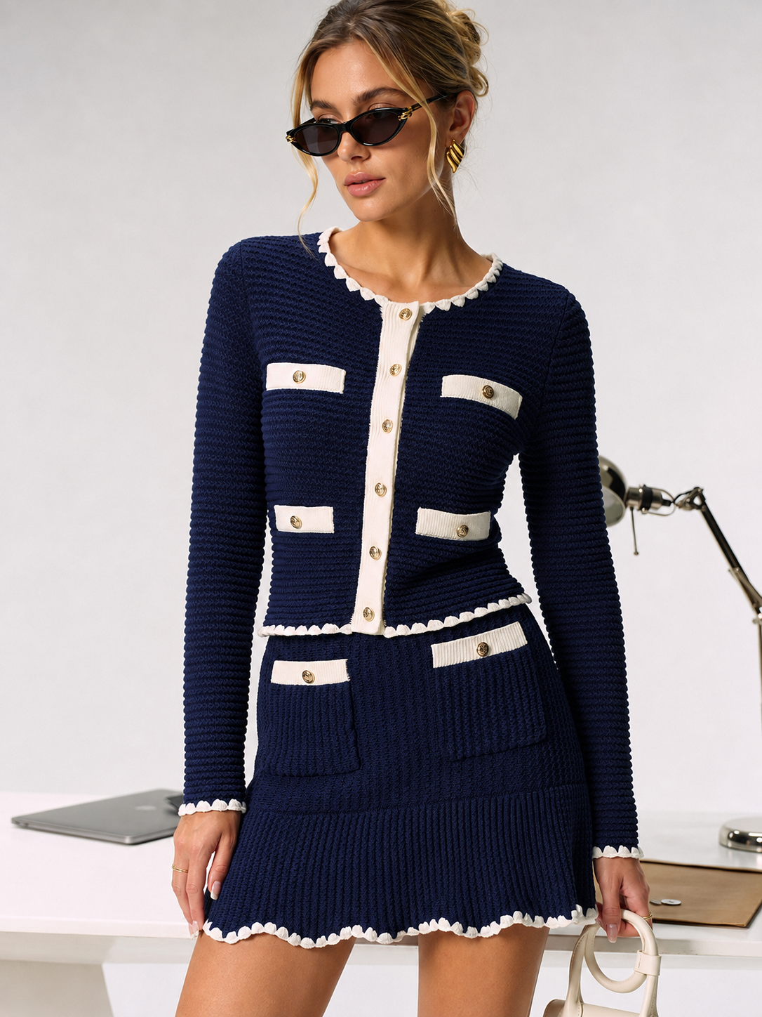 Contrast Scalloped Trim Metal Button Cardigan