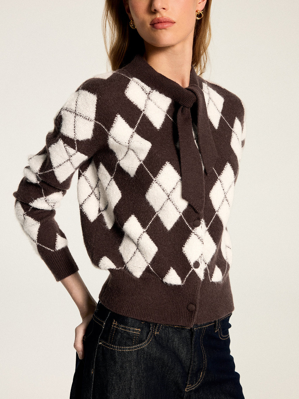 Bow Neck Argyle Pattern Knit Cardigan