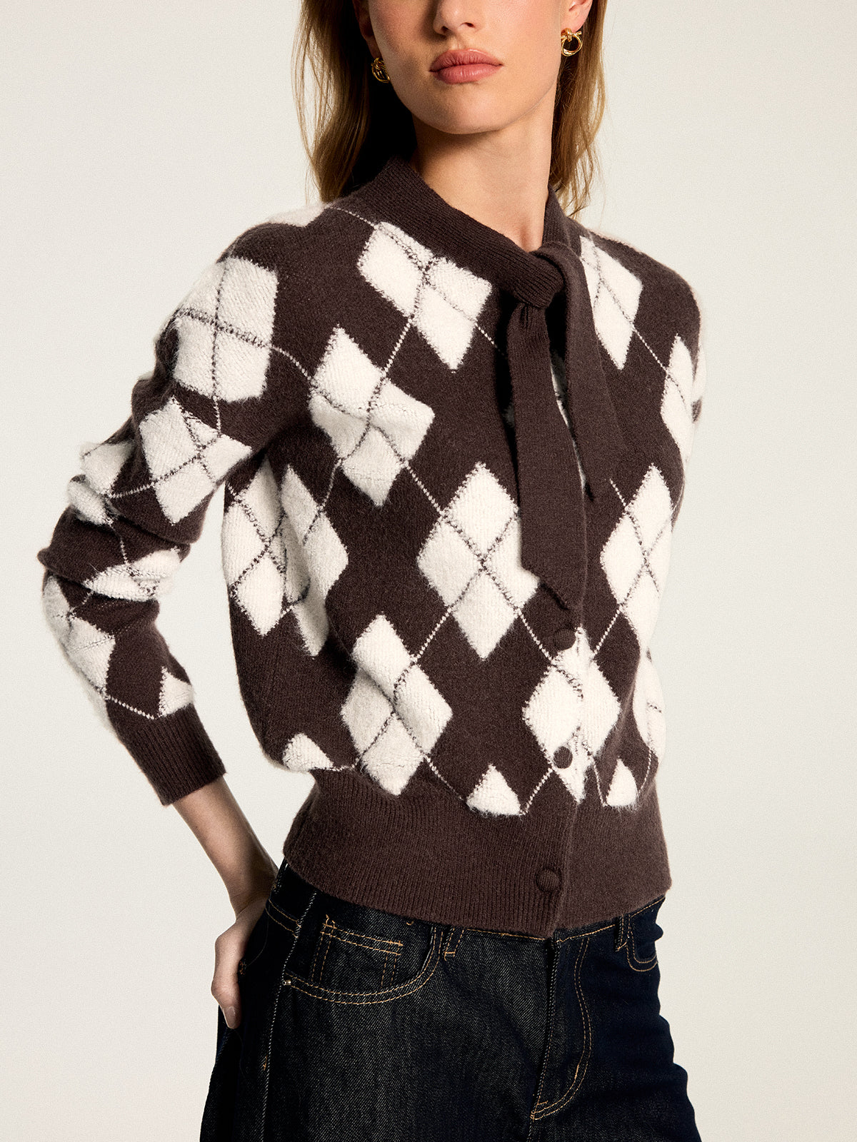 Bow Neck Argyle Pattern Knit Cardigan