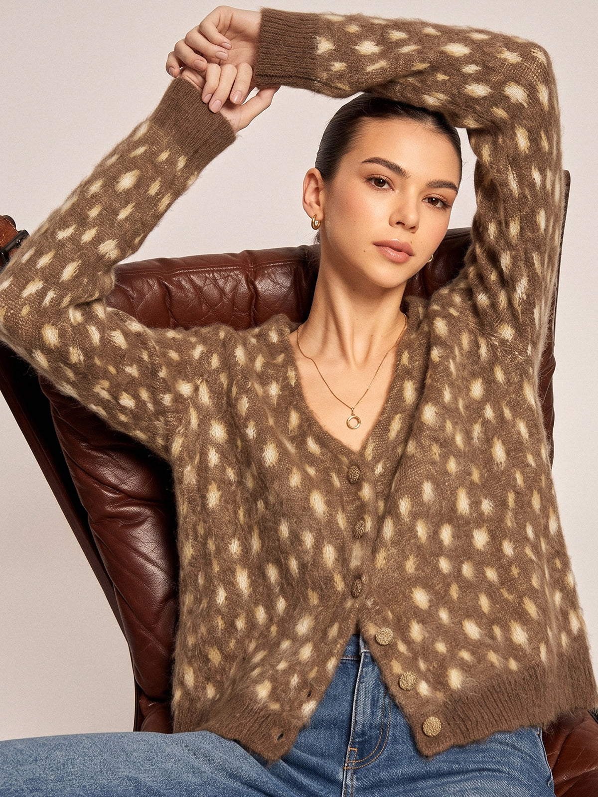 V Neck Spotted Fluffy Knit Cardigan